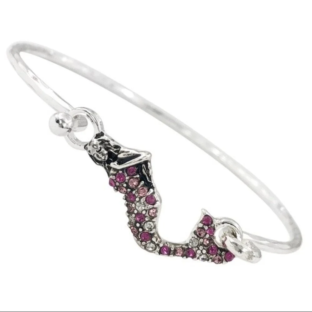 🌼 Mermaid Pink Rhinestone Silver Bangle Bracelet